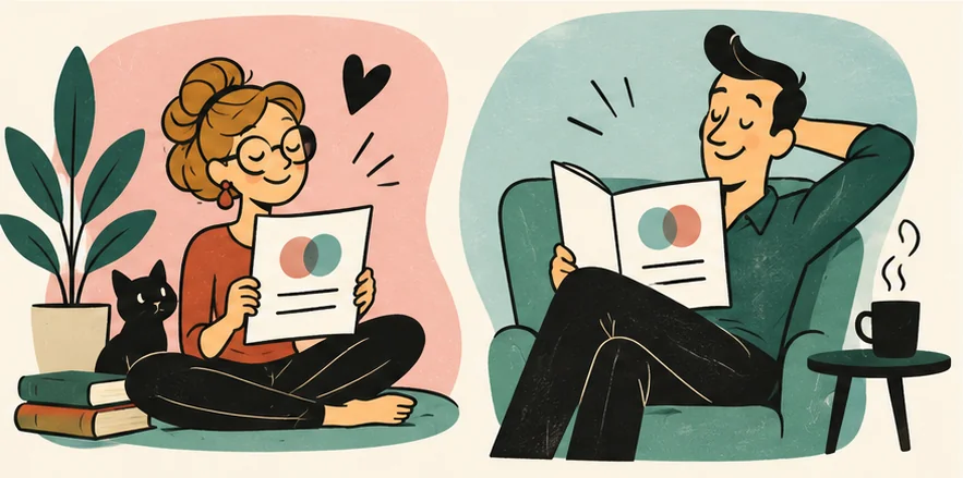 Illustration of two people reading personality reports.