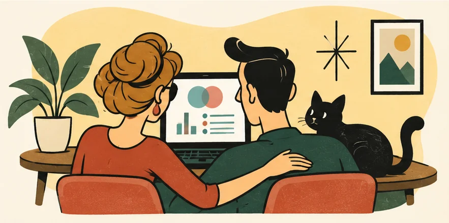 The couple reads their shared guidebook together on a laptop.