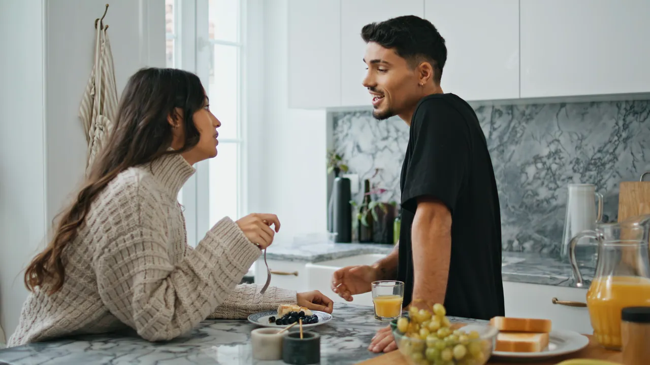 A couple sharing a conversation across their kitchen counter