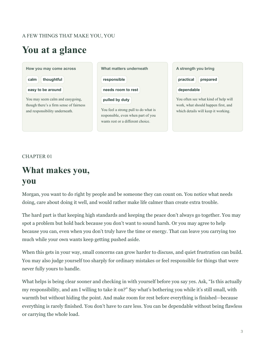 A page from Morgan’s report showing her personality at a glance and what makes her who she is