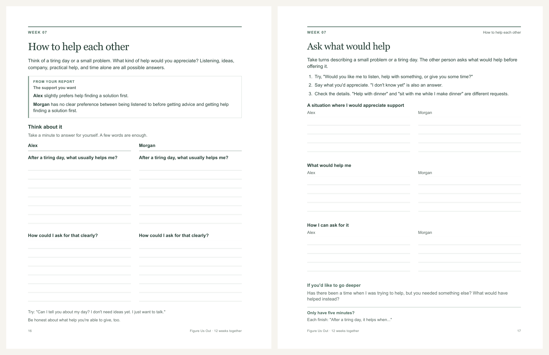 Sample printable workbook pages from week 7, How to help each other